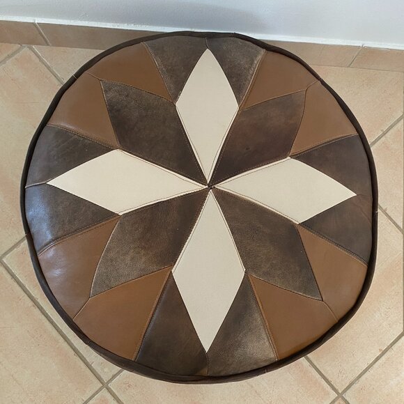 Round Leather Pouf Ottoman - Picture 2 of 7